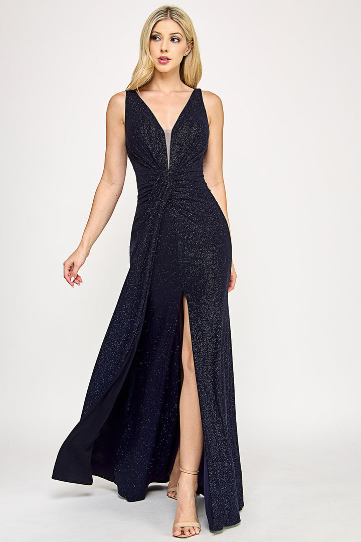 Glitter Fitted V-Neck Slit Gown by Lenovia 5308