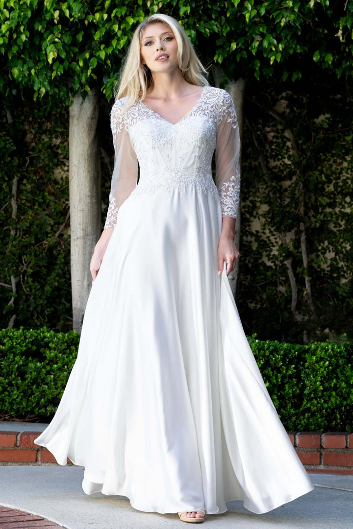 Applique Satin 3/4 Sleeve A-line Gown by Lenovia 8435