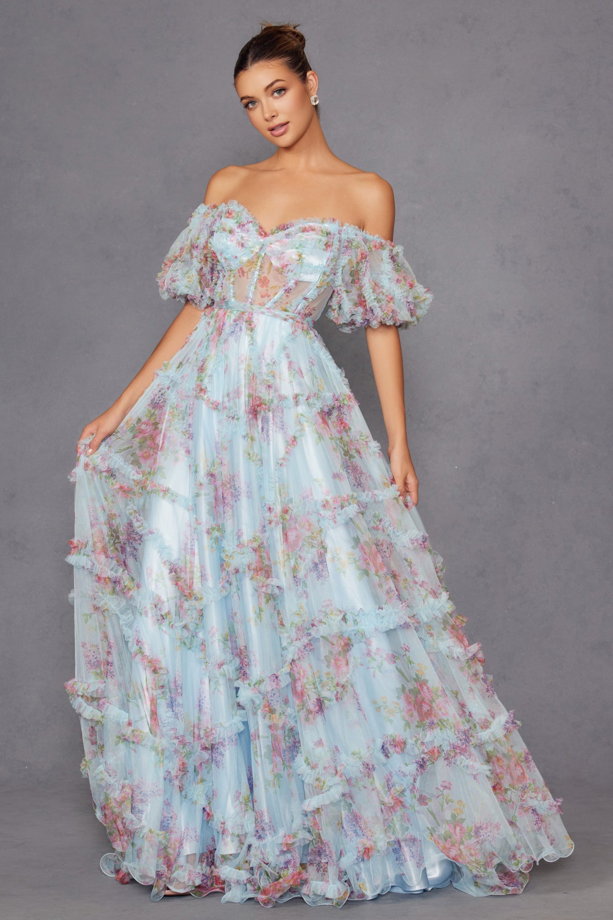 Print Off Shoulder Ruffled Gown by Juliet JT2887C – ABC Fashion