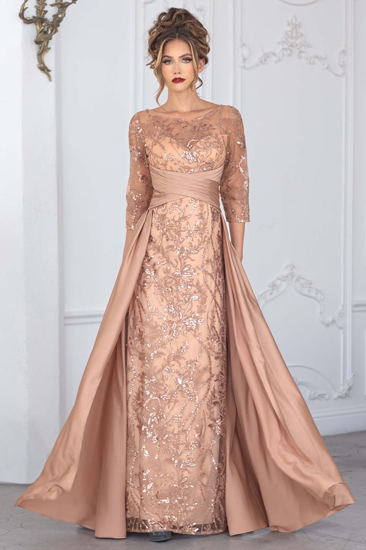 Embroidered 3/4 Sleeve Overskirt Gown by Lenovia 8355 - Outlet