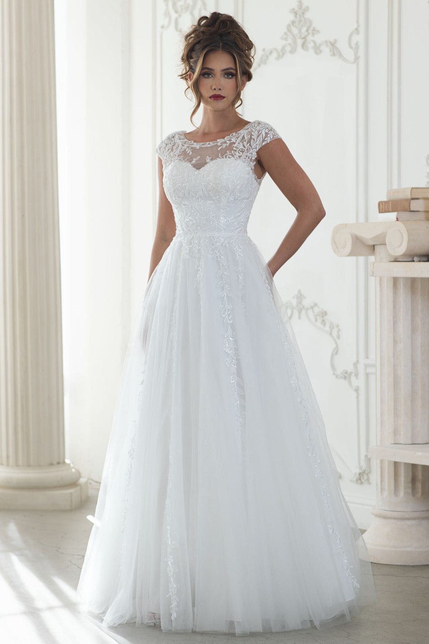Embroidered Cap Sleeve A-line Gown by Lenovia 8349