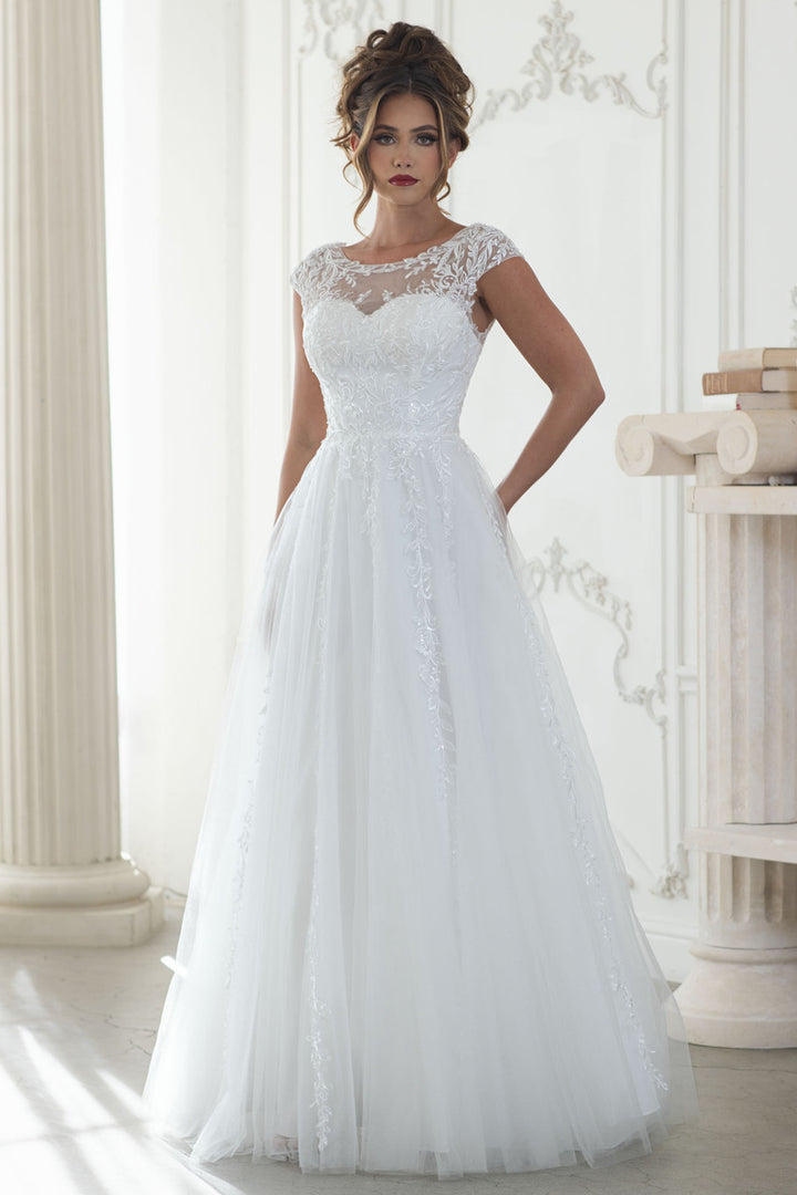 Embroidered Cap Sleeve A-line Gown by Lenovia 8349