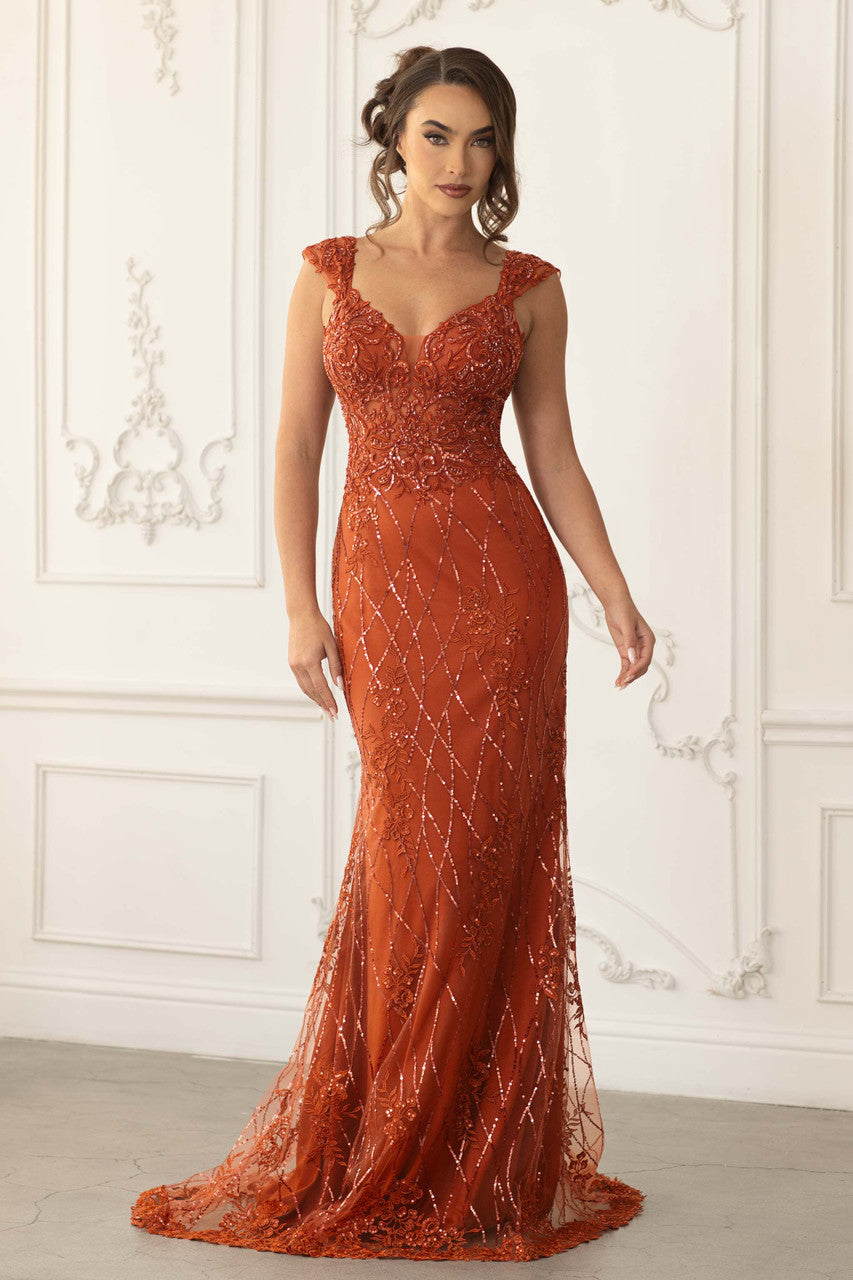 Beaded Mesh Fitted Sleeveless Gown by Lenovia 8350