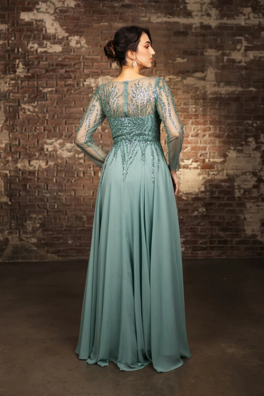 Sequin Long Sleeve A-line Gown by May Queen MQ2161