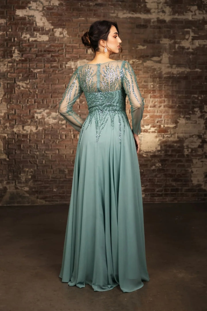 Sequin Long Sleeve A-line Gown by May Queen MQ2161