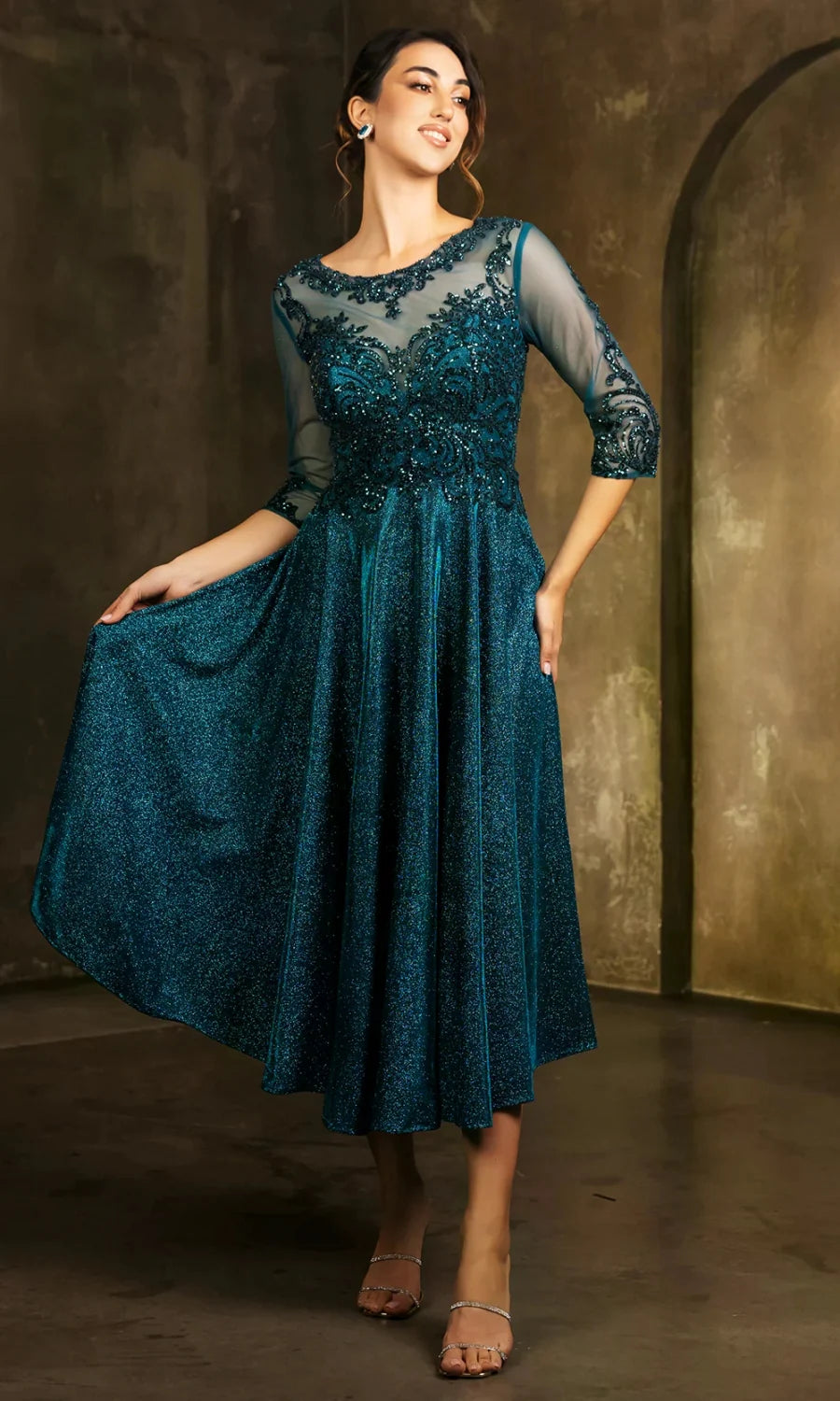 3/4 Sleeve Tea Length Dress by May Queen MQ2124