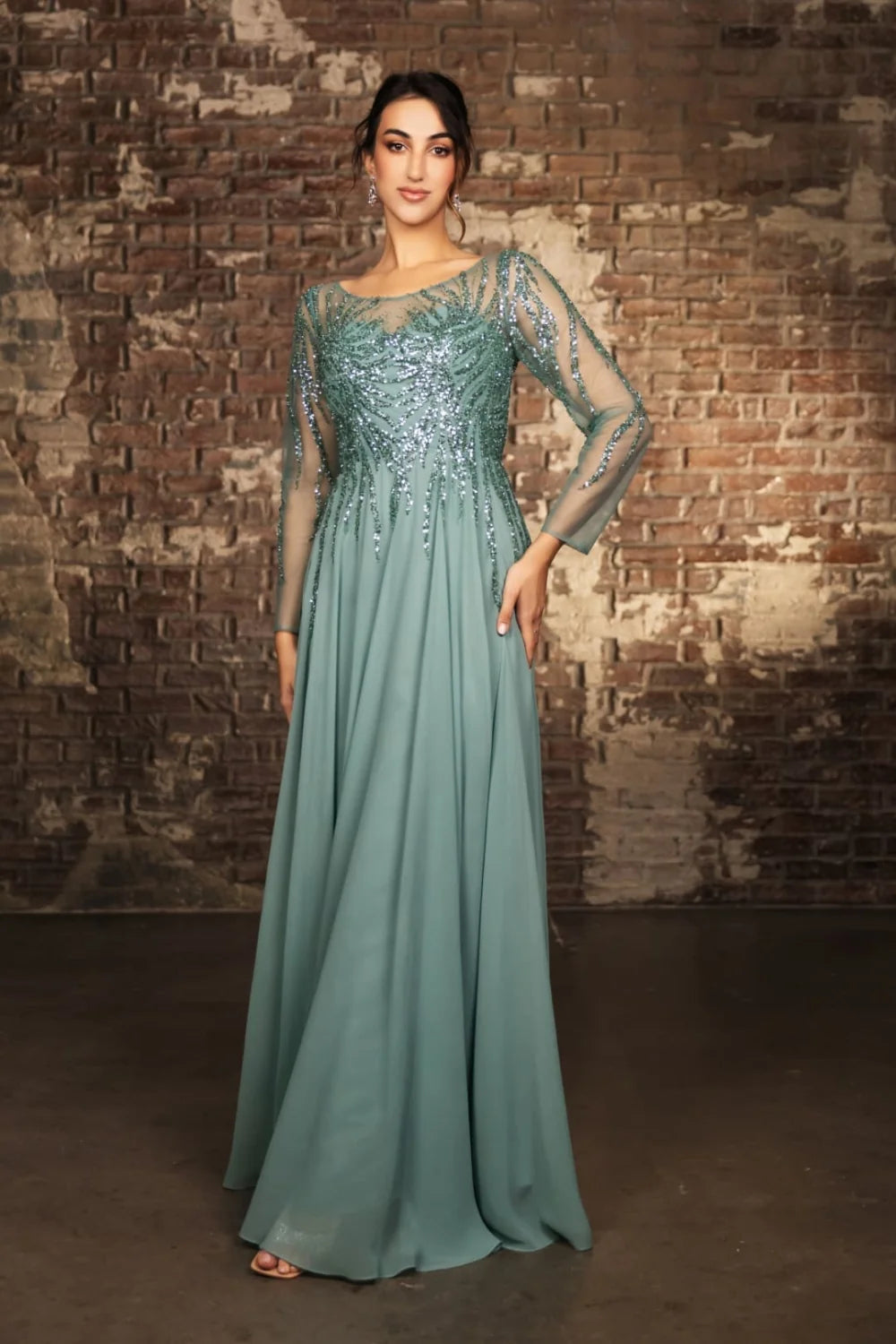 Sequin Long Sleeve A-line Gown by May Queen MQ2161