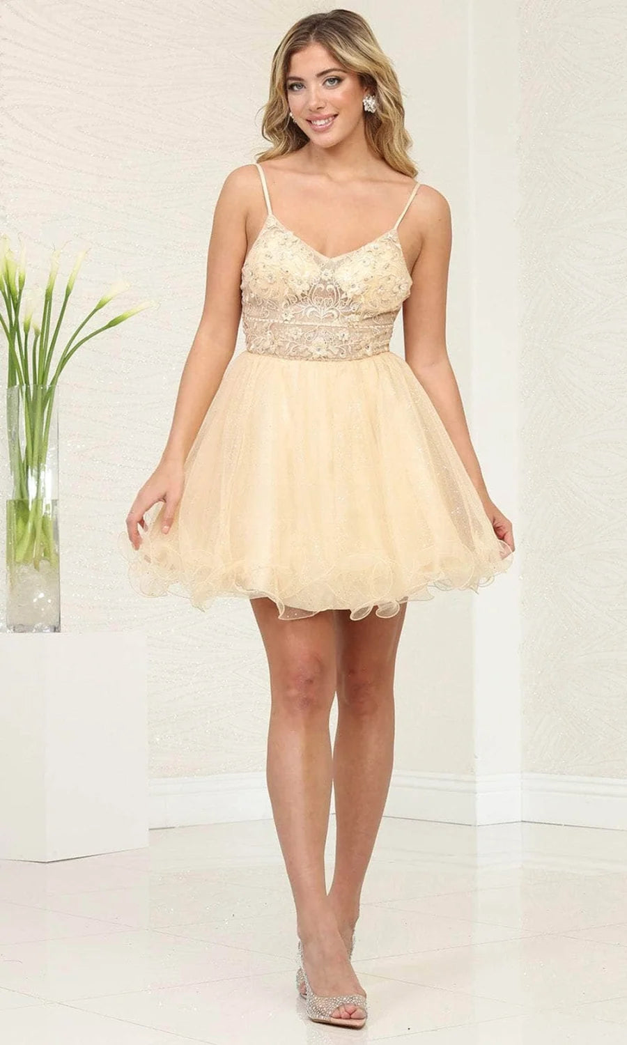 3D Floral Short V-Neck Ruffled Dress by May Queen MQ2067