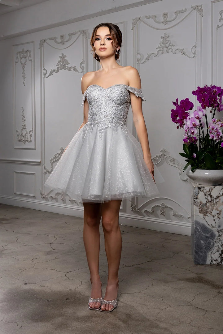 Applique Short Off Shoulder Dress by May Queen MQ2224