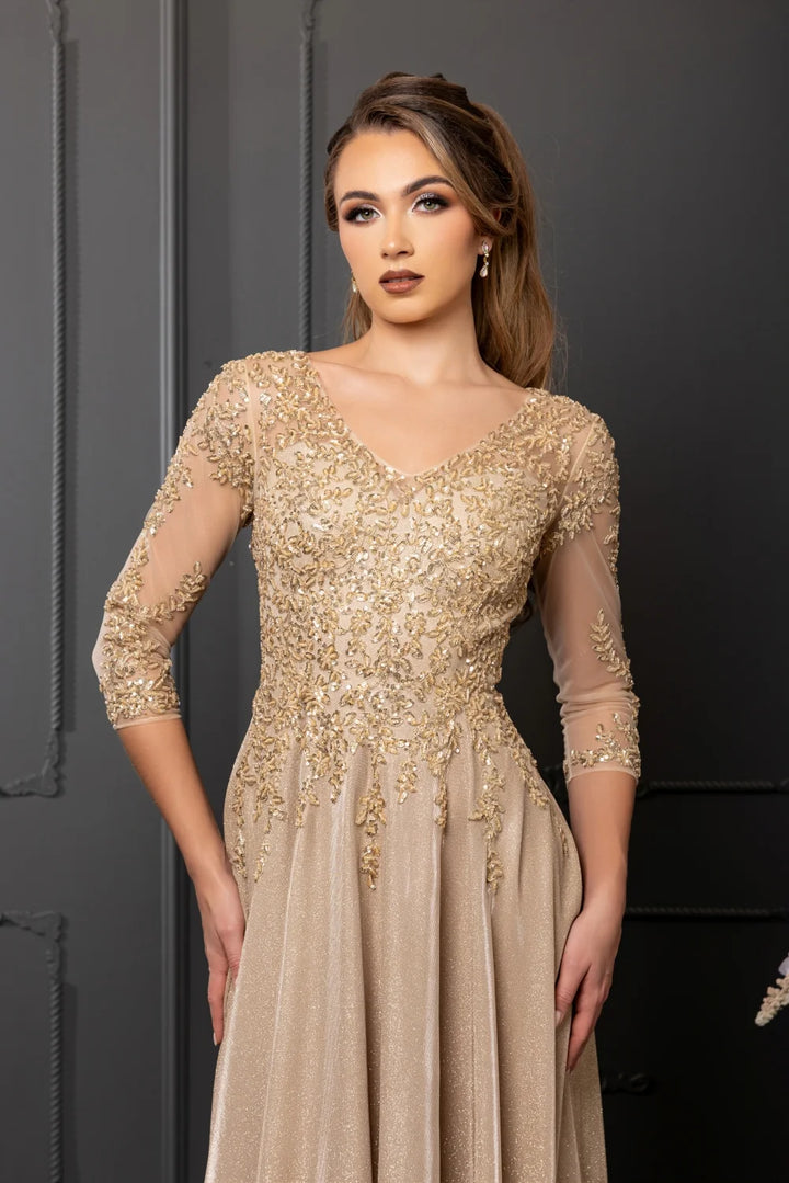 Glitter 3/4 Sleeve A-line Gown by May Queen MQ2227