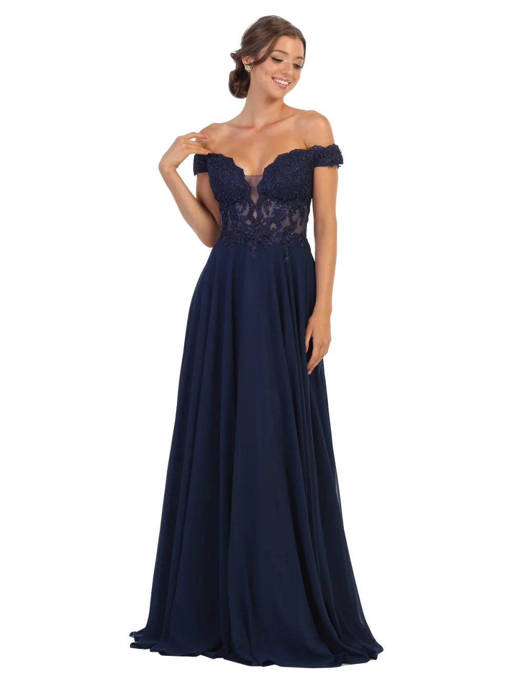 Applique Off Shoulder A-line Gown by May Queen MQ1714
