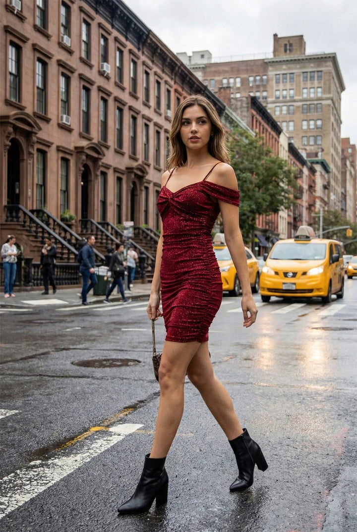 Glitter Fitted Short Cold Shoulder Dress by Lenovia 3032