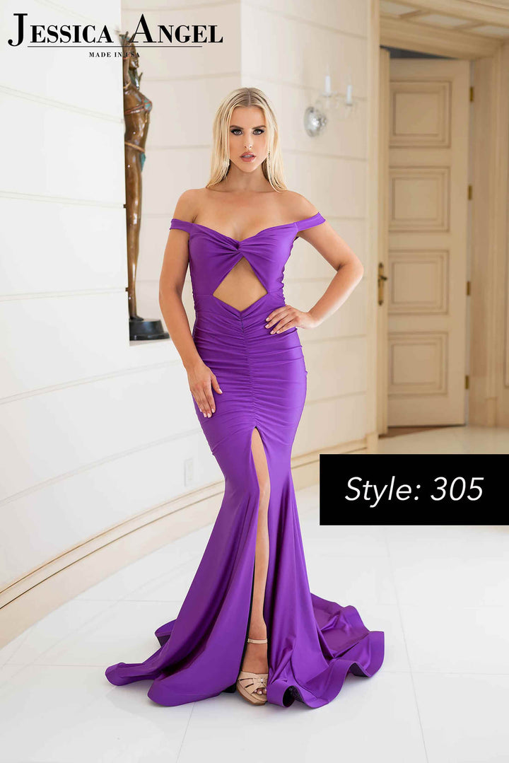 Jersey Off Shoulder Slit Gown by Jessica Angel 305