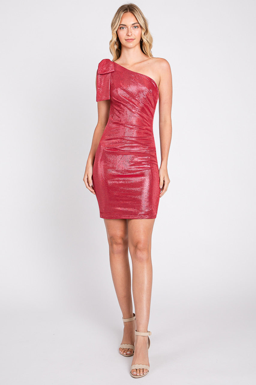 Metallic Fitted Short One Shoulder Dress by Lenovia 3054