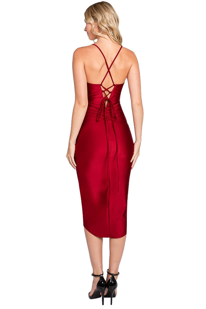 Ruched Fitted V-Neck Slit Midi Dress by Lenovia 3062