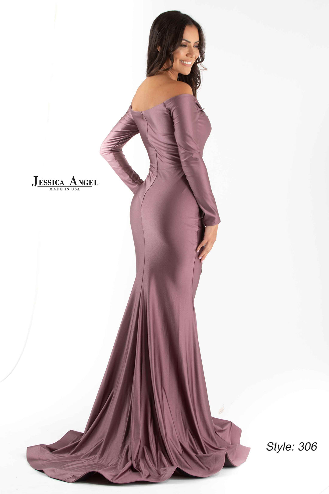 Jersey Fitted Long Sleeve Slit Gown by Jessica Angel 306