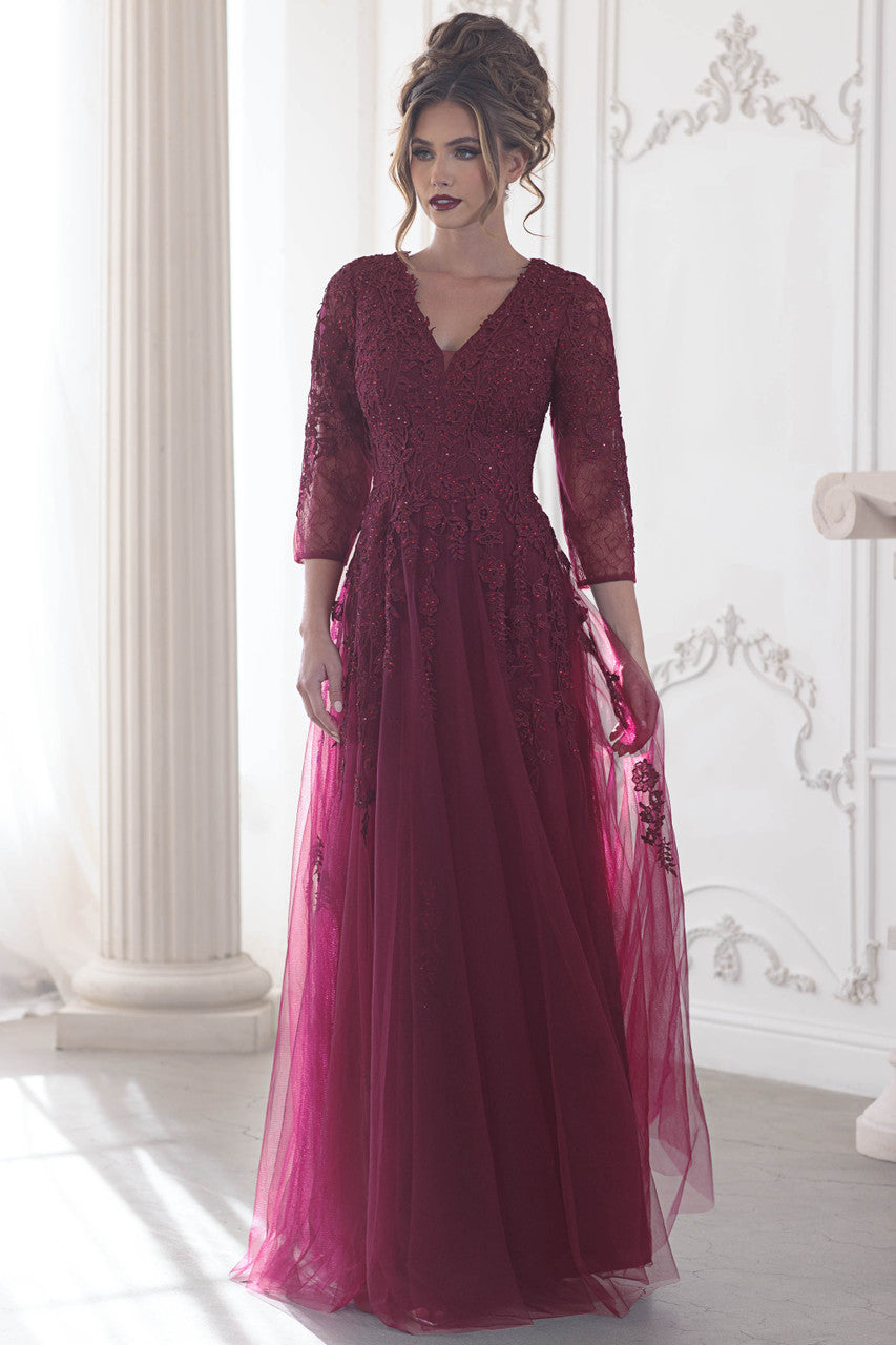 Embroidered Lace 3/4 Sleeve Gown by Lenovia 8370 M / Eggplant