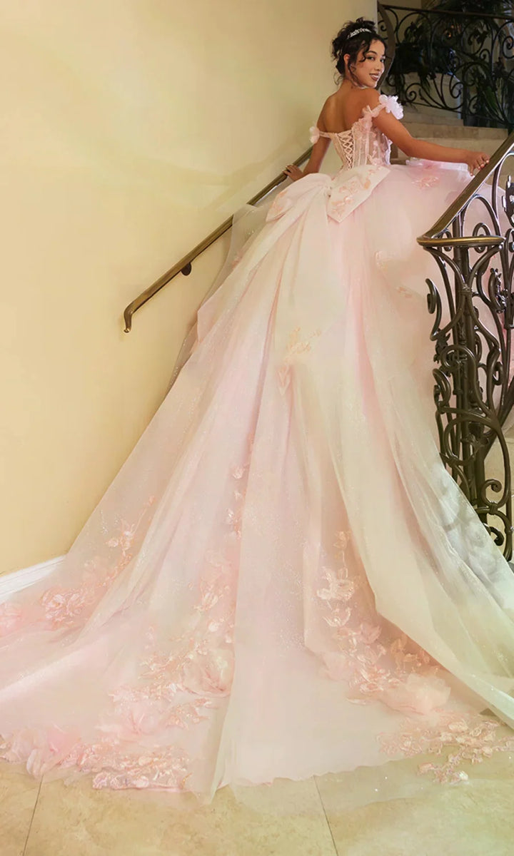 Applique Off Shoulder Ball Gown by May Queen LK270