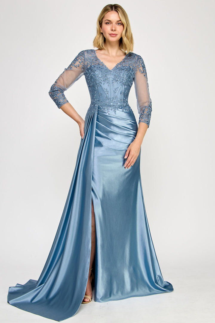 Applique Satin 3/4 Sleeve Slit Gown by Lenovia 8366
