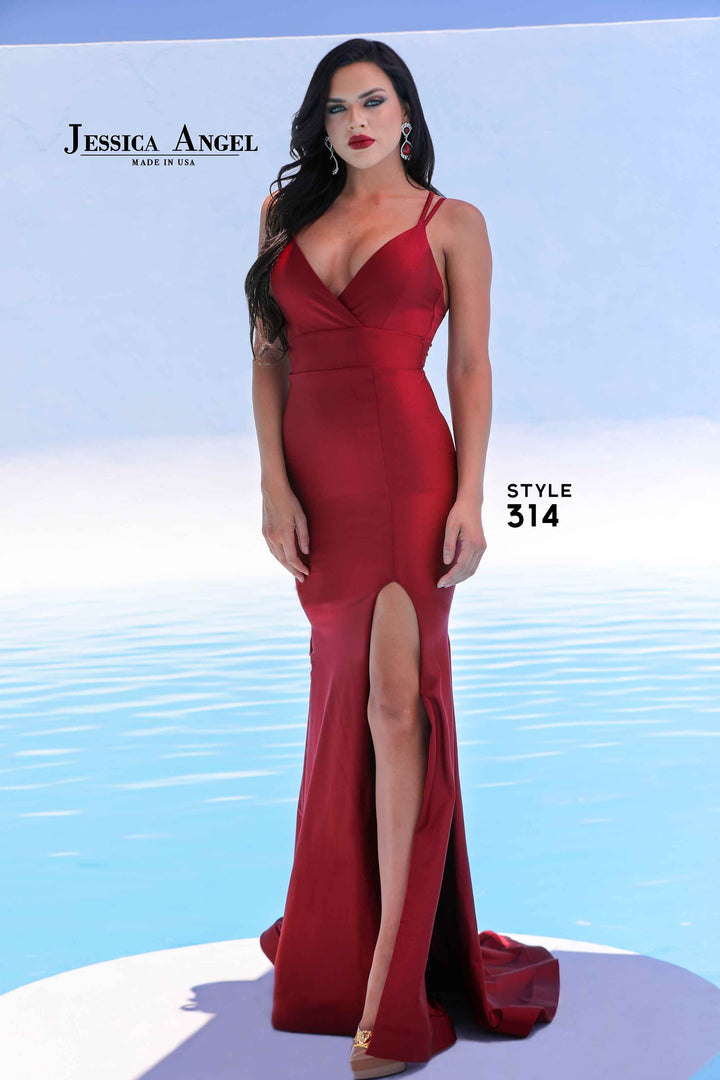 Jersey Fitted V-Neck Slit Gown by Jessica Angel 314
