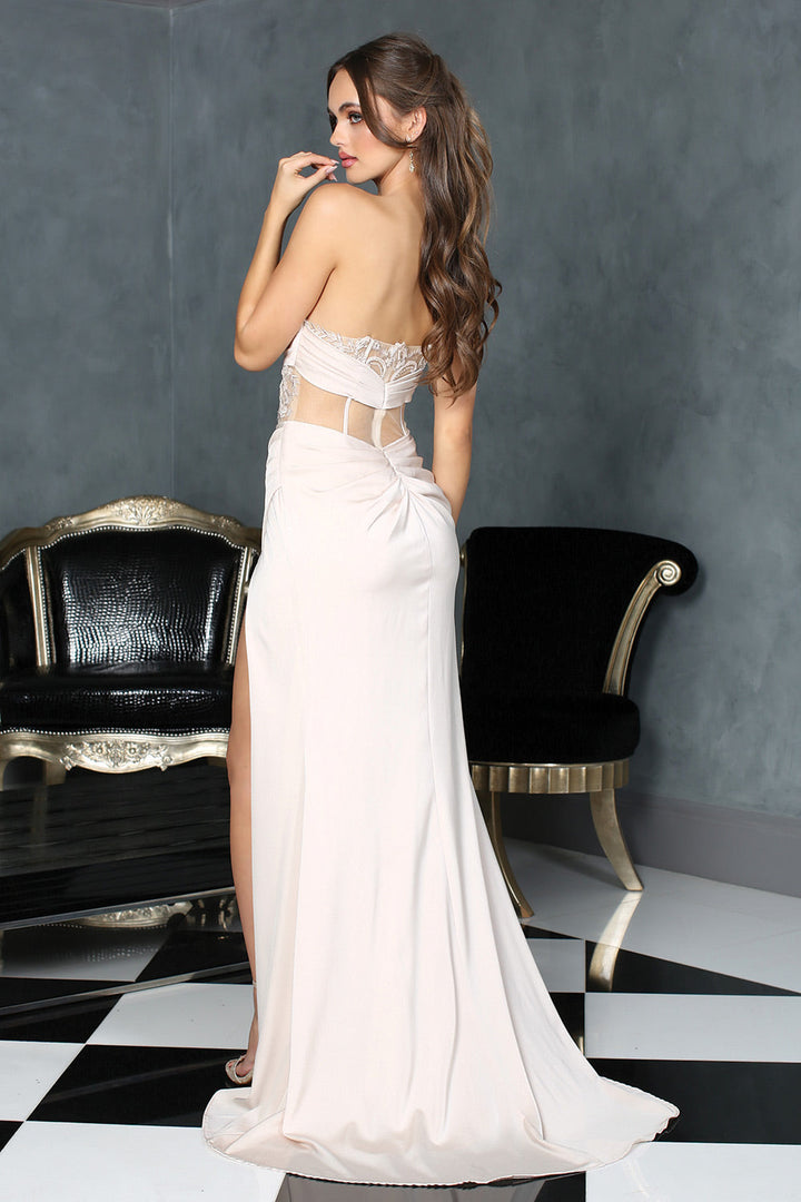 Fitted Embroidered Sheer Strapless Slit Gown by Adora 3180 - Outlet