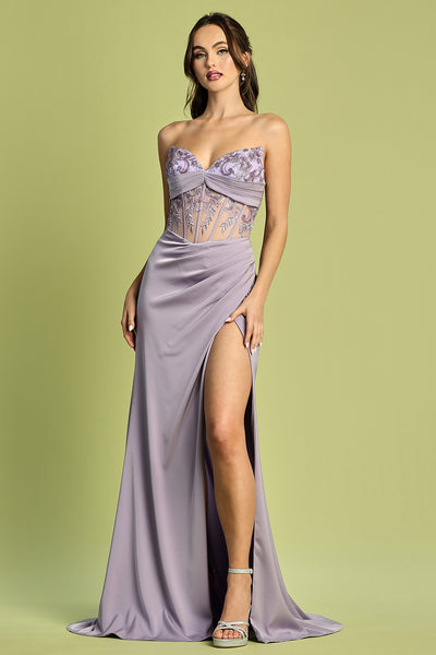 Fitted Embroidered Sheer Strapless Slit Gown by Adora 3180