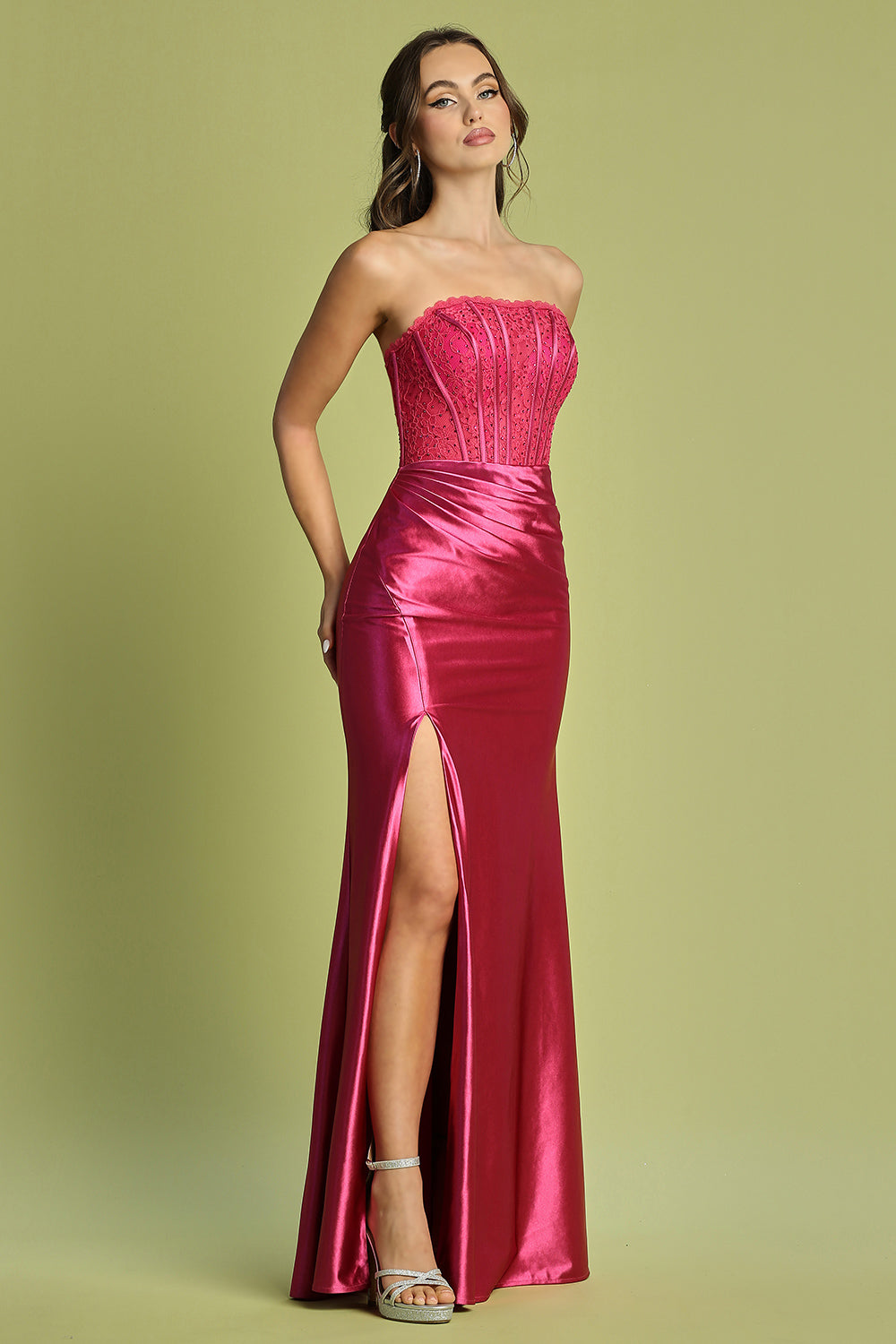 Fitted Lace Bodice Strapless Slit Gown by Adora 3184