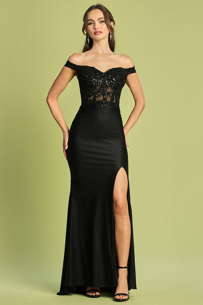 Fitted Applique Off Shoulder Glitter Slit Gown by Adora 3189