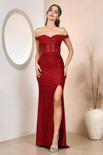 Fitted Applique Off Shoulder Glitter Slit Gown by Adora 3189