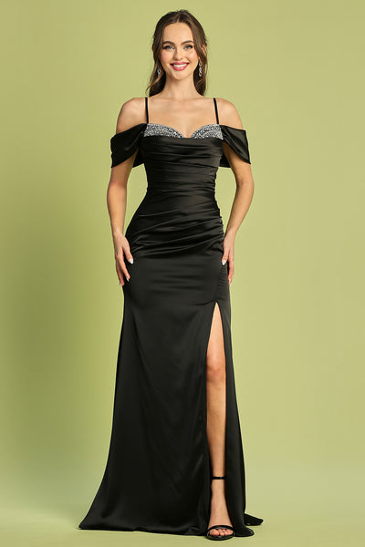 Fitted Beaded Satin Cold Shoulder Slit Gown by Adora 3191