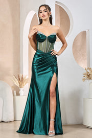 Fitted Beaded Satin Sheer Strapless Slit Gown by Adora 3197
