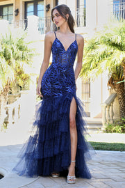 Glitter Print V-Neck Tiered Slit Mermaid Dress by Adora 3205