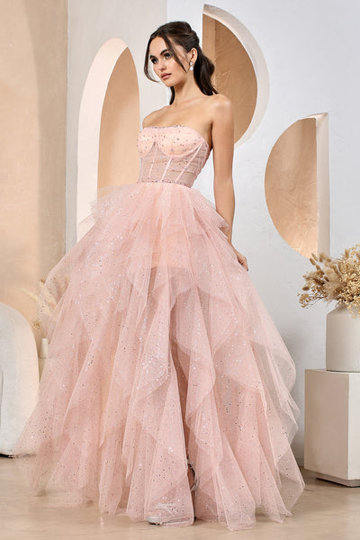 Glitter Strapless Ruffled Layered A-line Slit Gown by Adora 3210