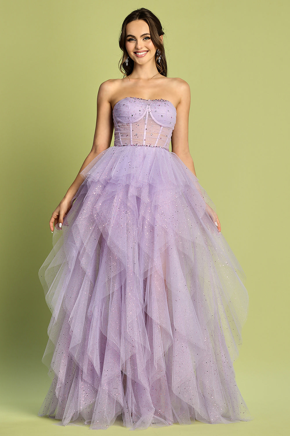 Glitter Strapless Ruffled Layered A-line Slit Gown by Adora 3210