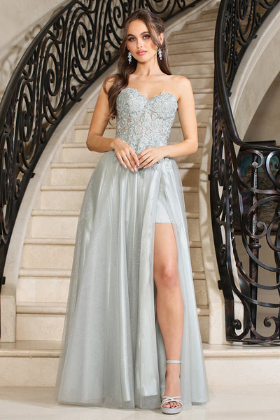 Lace Applique Strapless A-line Slit Gown by Adora 3211
