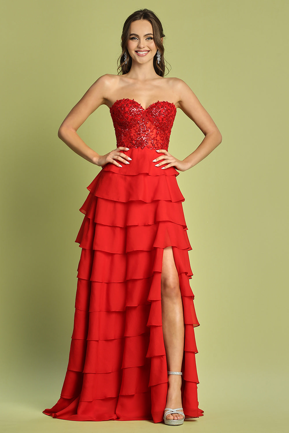 Applique Strapless Tiered A-line Slit Gown by Adora 3216