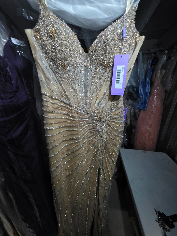 Beaded Satin Sleeveless Slit Gown by Ladivine CD718