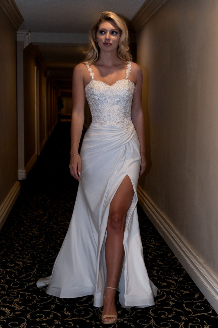 Applique Satin Sleeveless Slit Gown by Lenovia 8428