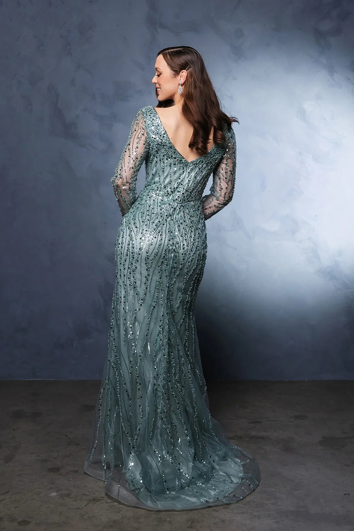 Beaded Long Sleeve Slit Gown by May Queen RQ8174