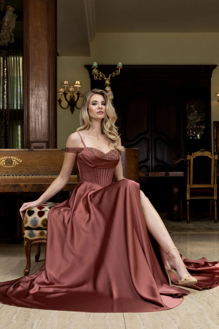 Satin Cold Shoulder A-line Slit Gown by Lenovia 8502