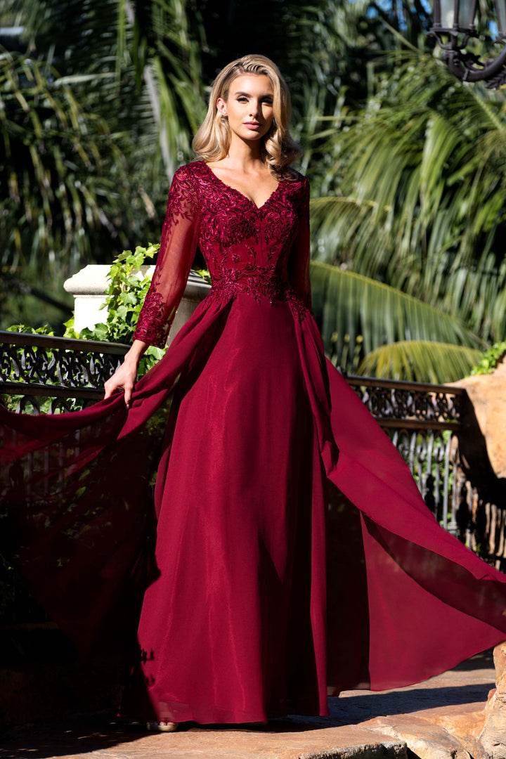 Applique Chiffon 3/4 Sleeve A-line Gown by Lenovia 8436