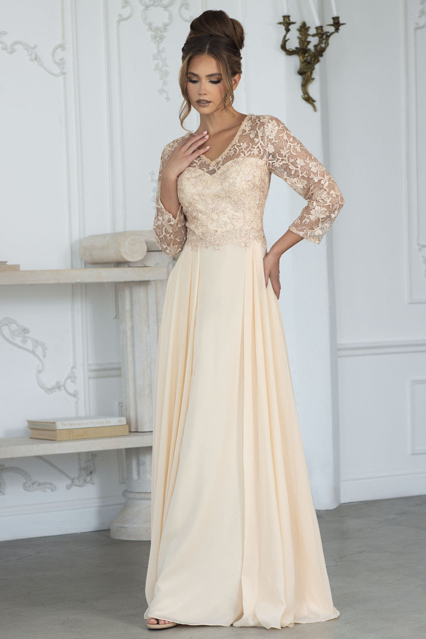 Lace Chiffon 3/4 Sleeve A-line Gown by Lenovia 8375