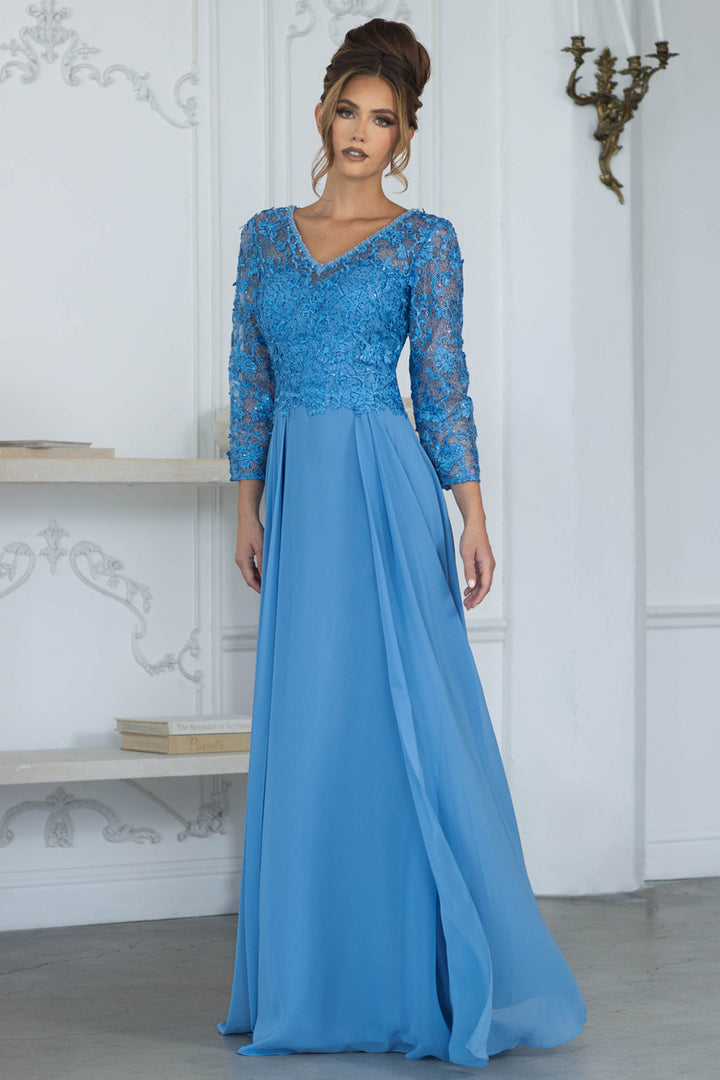 Lace Chiffon 3/4 Sleeve A-line Gown by Lenovia 8375
