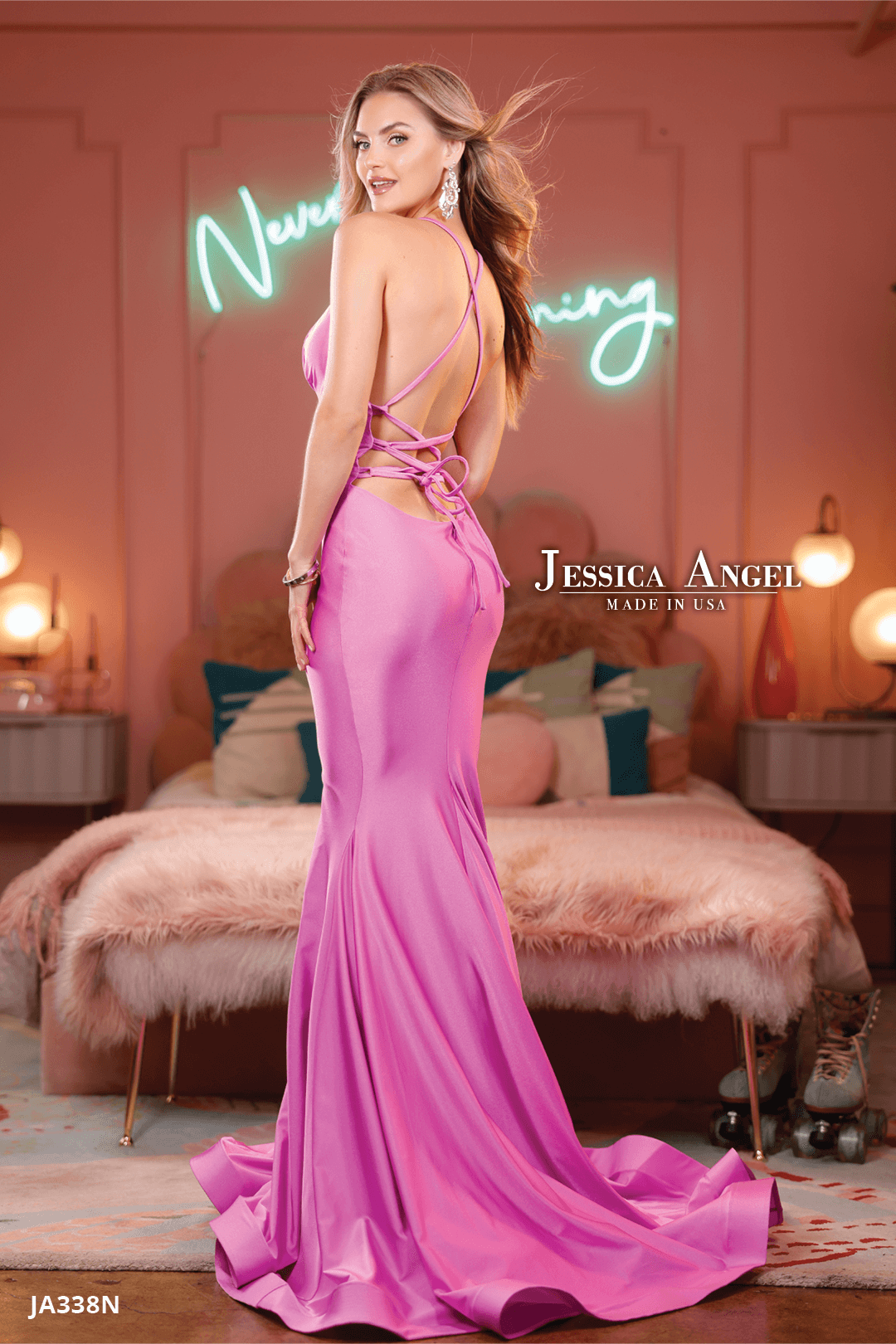 Jersey Fitted V-Neck Gown by Jessica Angel 338N
