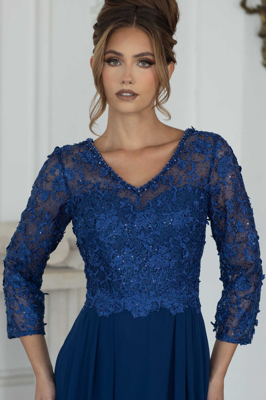 Lace Chiffon 3/4 Sleeve A-line Gown by Lenovia 8375
