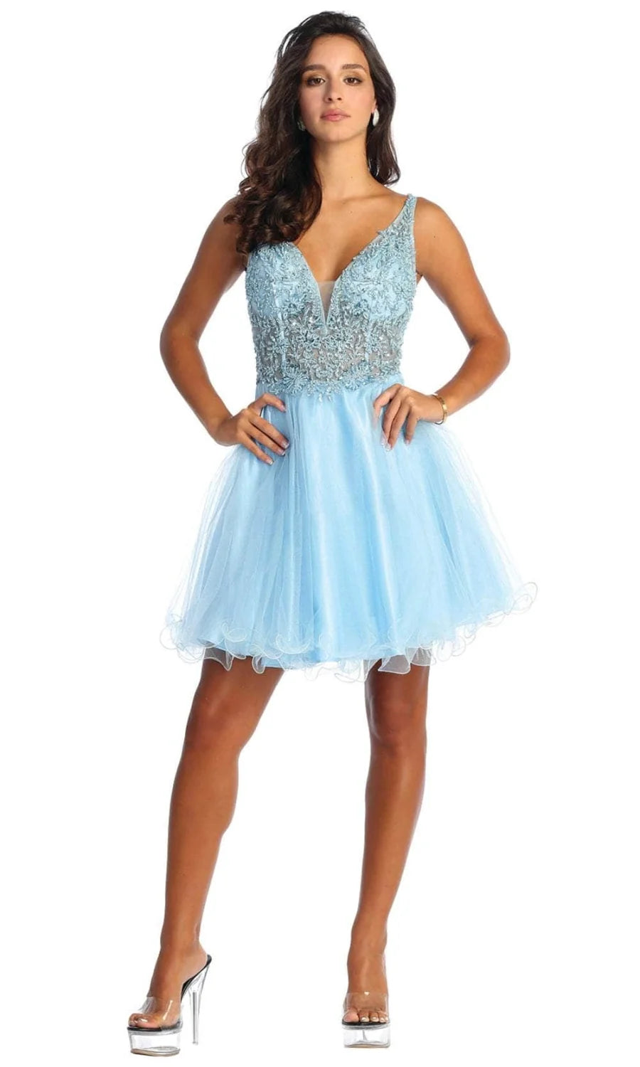 Applique Short V-Neck Ruffled Dress by May Queen MQ1913