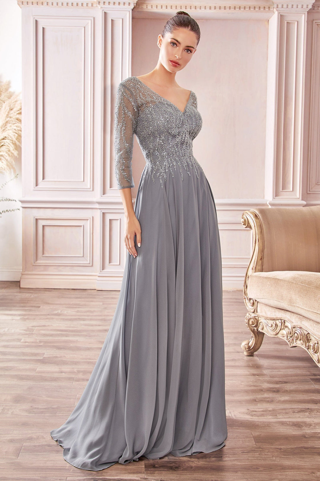 3/4 Sleeve Chiffon Gown by Cinderella Divine CD0171