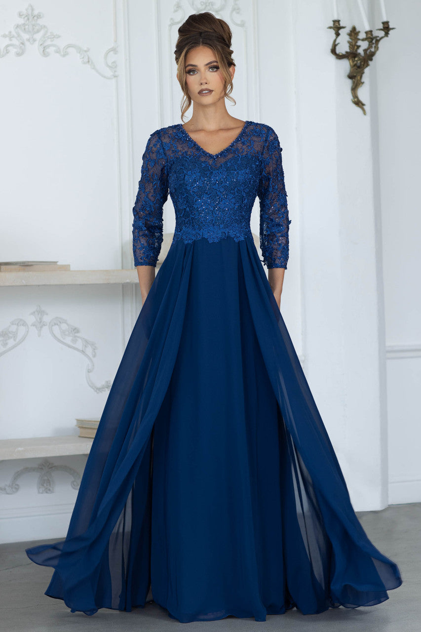 Lace Chiffon 3/4 Sleeve A-line Gown by Lenovia 8375