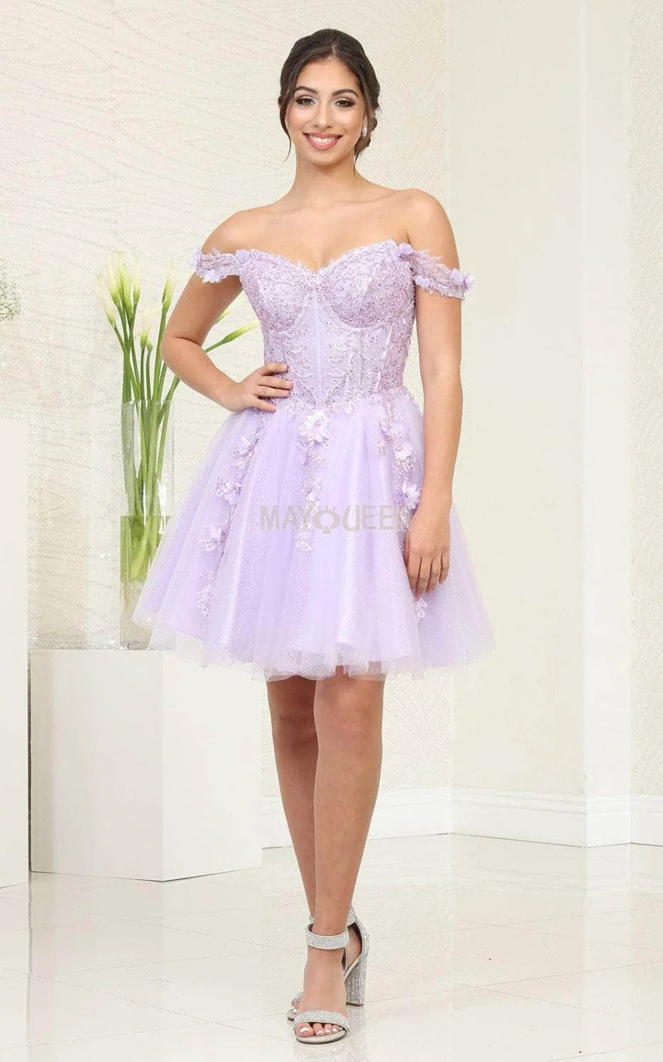 3D Floral Short Off Shoulder Dress by May Queen MQ2081