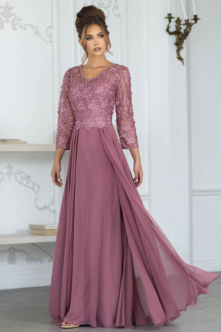 Lace Chiffon 3/4 Sleeve A-line Gown by Lenovia 8375